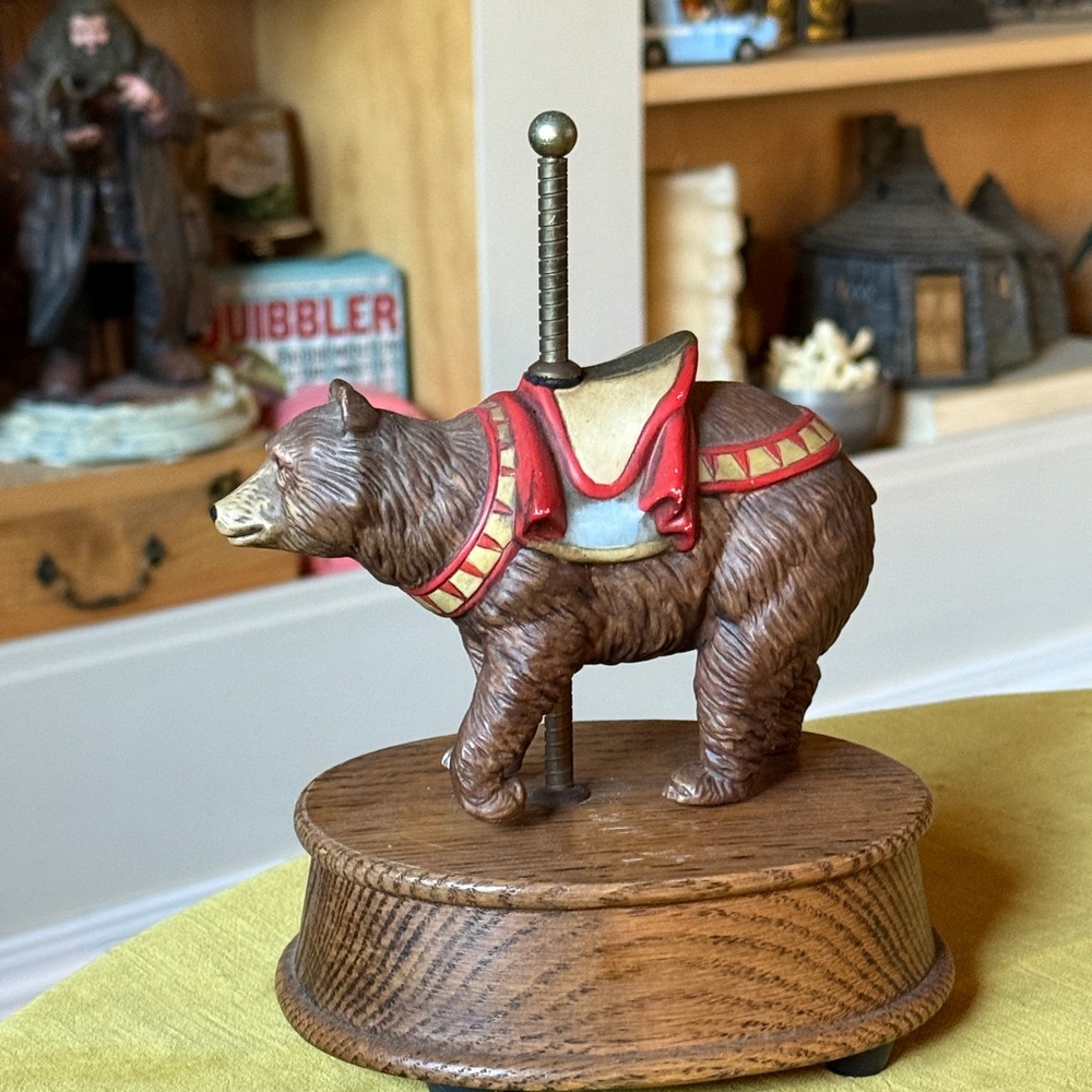 BOGO Vintage angelus clockwork music Bear Carousel Figurine Red Saddle porcelain